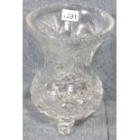 Large cut crystal three footed vase, H: 26 cm. P&P Group 2 (£18+VAT for the first lot and £2+VAT for