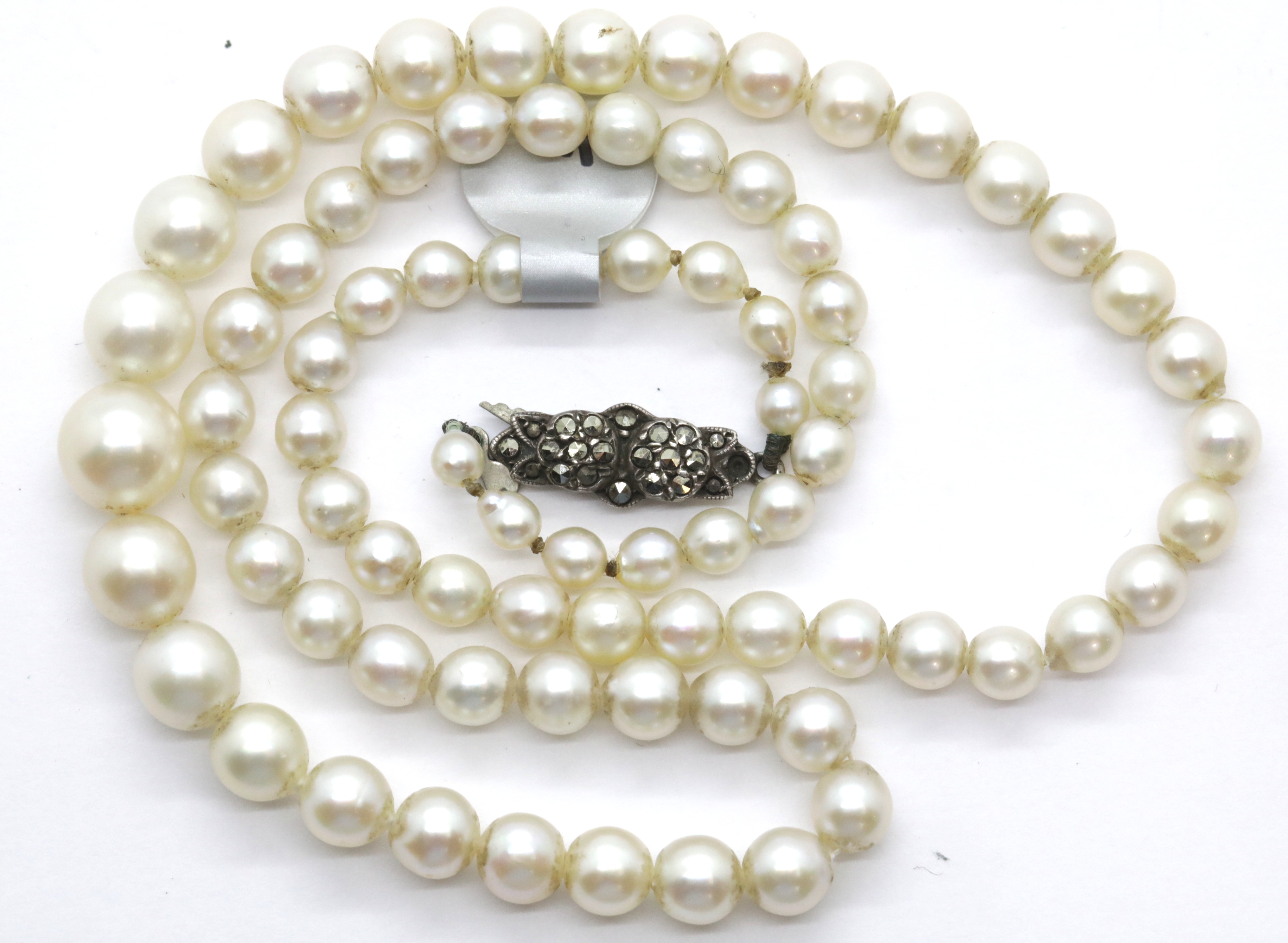Vintage real pearl graduated 18" necklace with silver marcasite clasp. P&P Group 1 (£14+VAT for