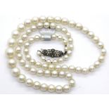 Vintage real pearl graduated 18" necklace with silver marcasite clasp. P&P Group 1 (£14+VAT for