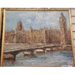 Unsigned stipple painting on board of the Houses of Parliament and Westminster bridge. 60 x 53 cm.