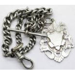 Hallmarked silver graduated watch chain with crocodile T bar and fob, L: 26 cm, 29g. P&P Group 1 (£