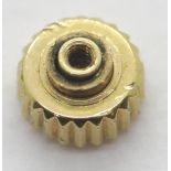 Yellow metal Omega watch crown, D: 3.8 mm. P&P Group 1 (£14+VAT for the first lot and £1+VAT for