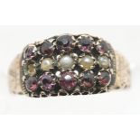 Vintage 9ct gold seed pearl and garnet ring (one seed pearl missing) size N 1.7g. P&P Group 1 (£14+