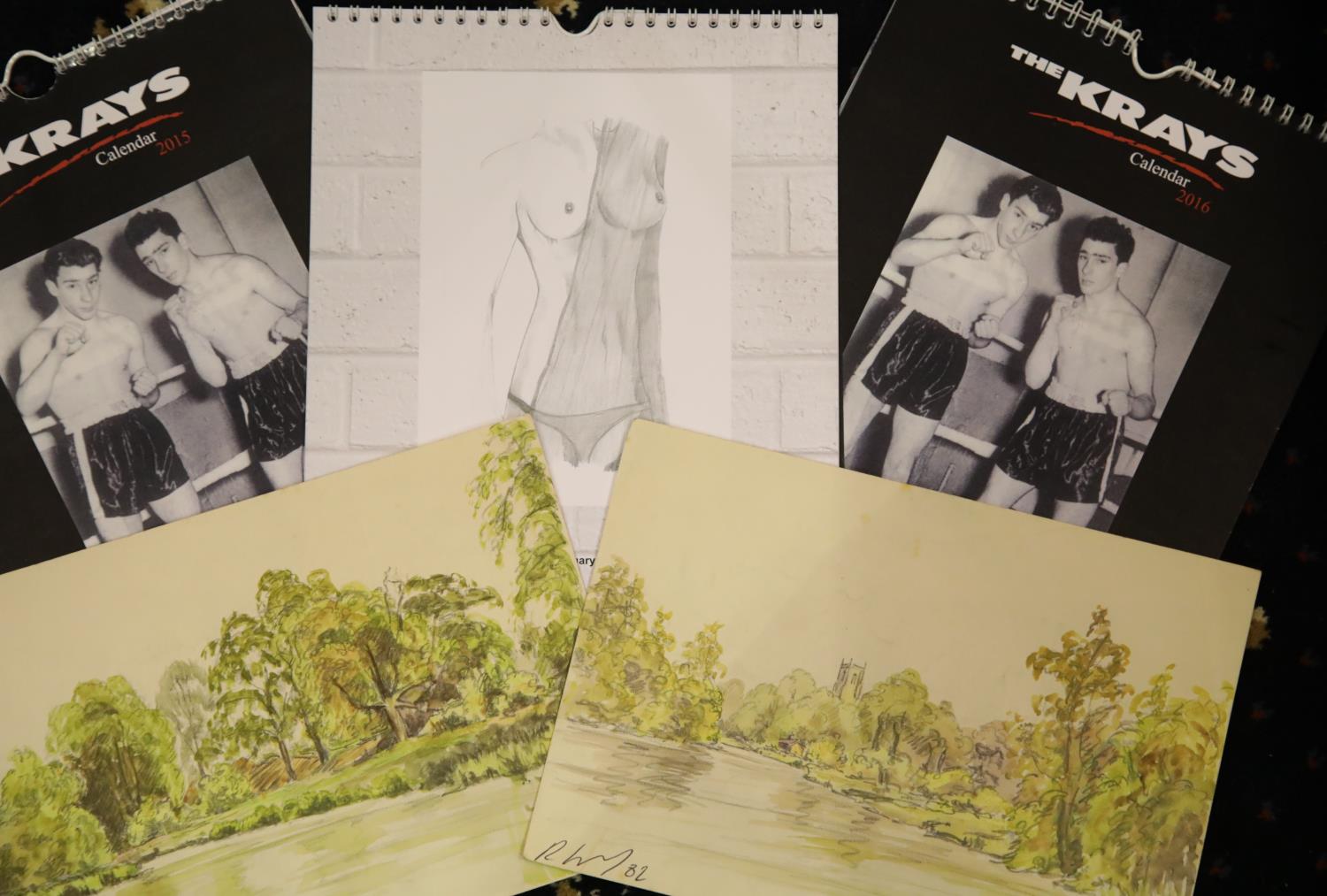 Three Krays calendars for 2016, one being risque themed, the other watercolour scenes, and two