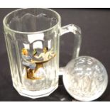 1950s pint tankard with clothed lady to outer and the same lady naked to inner and a paperweight.