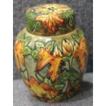 Large boxed Moorcroft ginger jar in the Flames of the Forest pattern. P&P Group 2 (£18+VAT for the