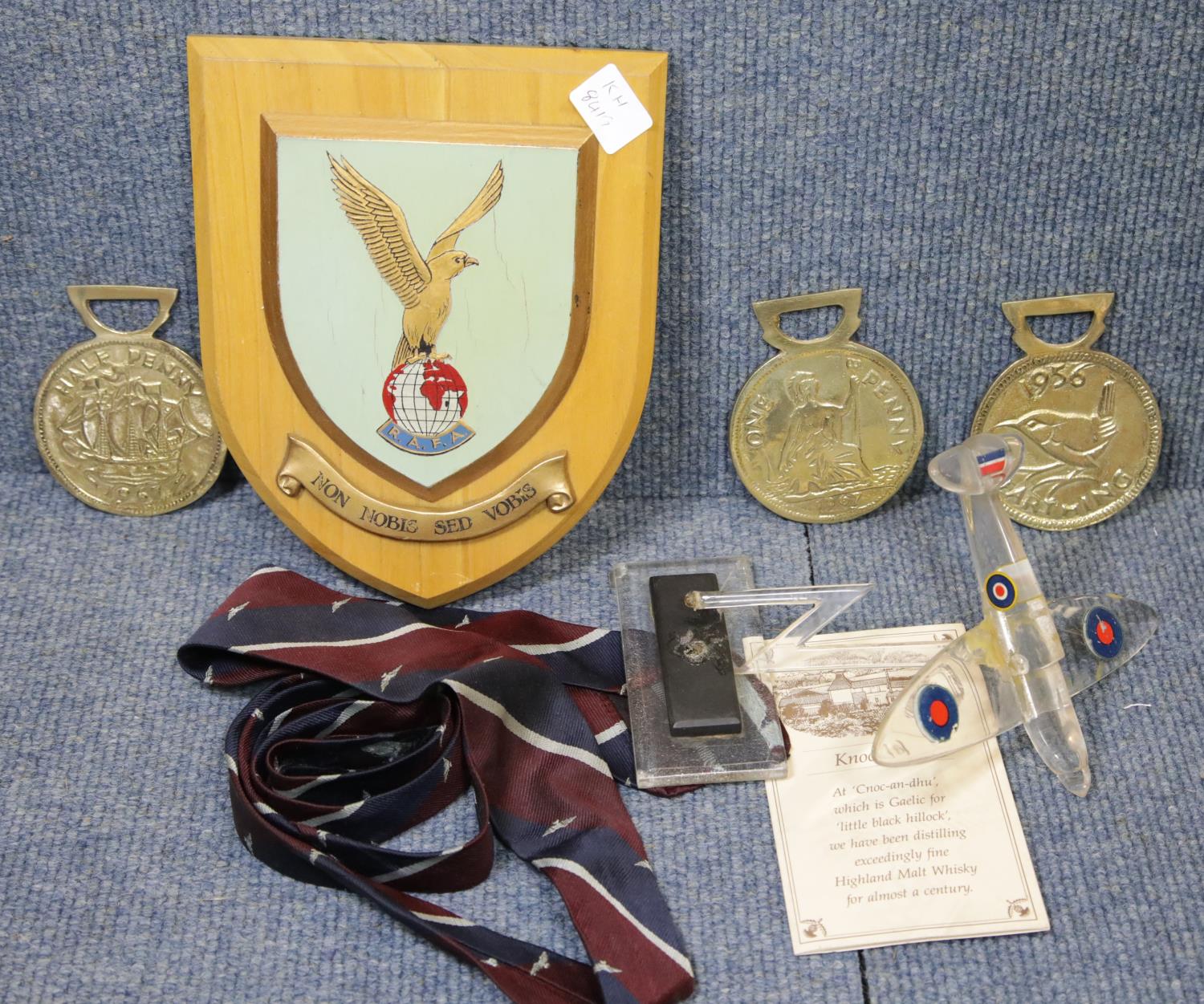 RAF NAAFI signed perspex model Spitfire and a brass art set. P&P Group 2 (£18+VAT for the first