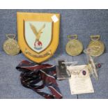 RAF NAAFI signed perspex model Spitfire and a brass art set. P&P Group 2 (£18+VAT for the first