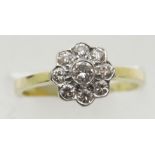 Vintage 18ct gold nine white stone daisy cluster rubover set ring, size N, 3.0g. P&P Group 1 (£14+