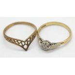 18ct gold illusion set diamond ring, size K/L, 2.1g and a 9ct gold wishbone ring, size L, 1.0g. P&
