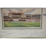 Framed signed Terry Harrison Print "The Oval", bearing Surrey Cricket team signatures, including