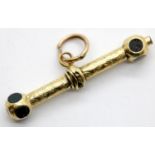 Victorian presumed 18ct gold pocket watch key T-bar, both ends set with circular bloodstone