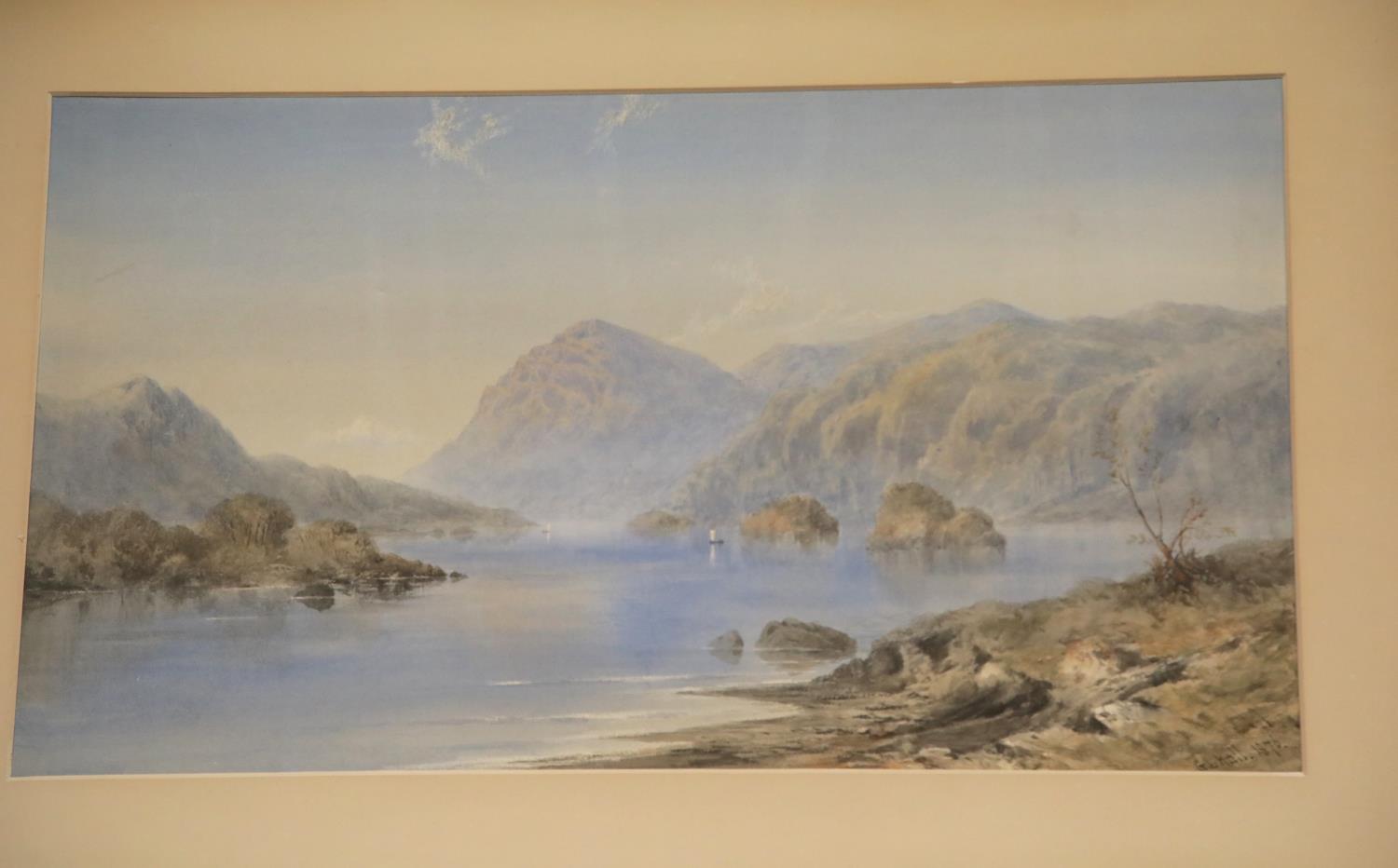 Large framed lake scene watercolour signed G I Hall Probably original frame in good condition but