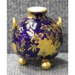 Royal Crown Derby blue gilt three footed vase. P&P Group 1 (£14+VAT for the first lot and £1+VAT for