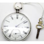 Unmarked silver open face key wind pocket watch with secondary seconds dial, with key Condition