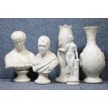 Mixed Parian ware items including two busts. The flower vase at the back has two small chips to