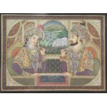 Persian Mughal style watercolour of two lovers, jewelled, 20 x 15 cm. P&P Group 3 (£25+VAT for the