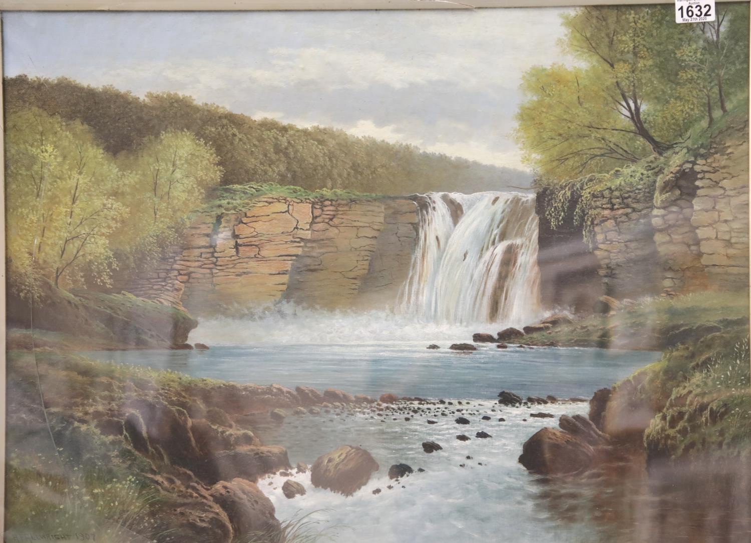 A F Allwright (19th/20th century): A wooded landscape with waterfall, oil on canvas, signed &