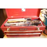 Stack on red metal toolbox with lifting lid and two drawers with tool content. This lot is not