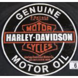 Cast iron Harley Davidson Oil plaque, D: 24 cm. P&P Group 2 (£18+VAT for the first lot and £2+VAT