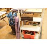 Folding camping chair, garden chairs, a trolley, a portable gas stove and a metal shelf. This lot is