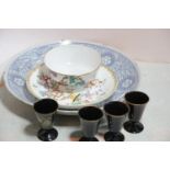 Four Japanese liqueur glasses, large blue and white bowl, tea bowl and a further bowl. P&P Group