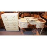 Dressing table with trifold mirrors, 135 x 75 cm, plus a five drawer chest of drawers, 100 x 76