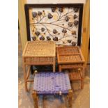 Collection of wicker stools and a framed piece of metal wall art. This lot is not available for in-