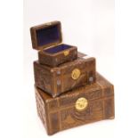 Set of three hand carved Oriental wood boxes with brass locks. P&P Group 2 (£18+VAT for the first