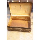 Antique metal bound travel trunk. P&P Group 3 (£25+VAT for the first lot and £5+VAT for subsequent