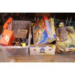 Three boxes of mixed items including toys, blankets etc. This lot is not available for in-house P&P,