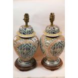 Pair of Oriental Imari type glazed ceramic table lamps, requires rewiring. P&P Group 2 (£18+VAT