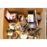 Box of mixed pewter, brass and silver plate. This lot is not available for in-house P&P, please