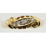 Antique 18ct gold ornate five stone diamond ring, size L, 3.2g. P&P Group 1 (£14+VAT for the first