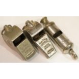 Two Acme Thunderer whistles and a further example. P&P Group 1 (£14+VAT for the first lot and £1+VAT