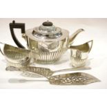 Mappin & Webb silver plated tea service and two silver plated servers, one with armorial crest. P&