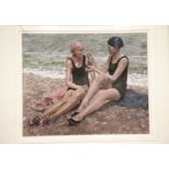 Pastel on board of two ladies at the beach, by Anne Johnson (Formby) from a Lowestoft 1926 postcard,