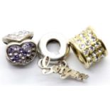 Three Pandora style stone set charms. P&P Group 1 (£14+VAT for the first lot and £1+VAT for