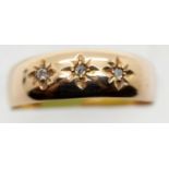 Antique 15ct gold three stone diamond Gypsy ring, size M/N, 1.4g. P&P Group 1 (£14+VAT for the first