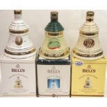 Three Bells Christmas limited edition bell decanters with content: 1998, 2008, 2009, 40% vol 70cl.