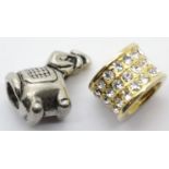 Two Pandora style charms, an elephant and a stone set. P&P Group 1 (£14+VAT for the first lot and £