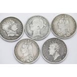 Five silver shillings in mixed condition, George III and later. P&P Group 1 (£14+VAT for the first