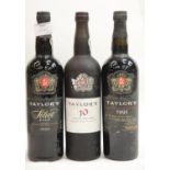 Three bottles of Taylor's Port: 10 year old Tawny Port 75cl, late bottled 1995 vintage 75cl,