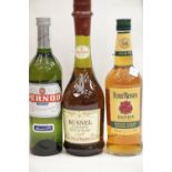 Three bottles of mixed spirits: 70cl Pernod, 70cl Four Roses Bourbon and 70cl Busnel Calvados Pays