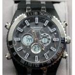 New boxed gents Globenfeld wristwatch with black multi dial face stainless steel bezel on a rubber