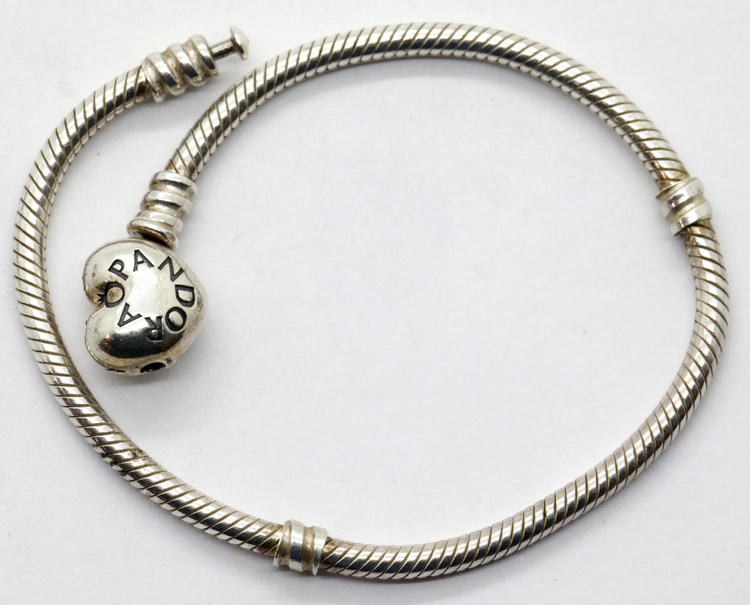 Silver genuine Pandora snake bracelet with heart clasp stamped A.L.E, L: 19 cm. P&P Group 1 (£14+VAT