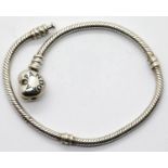 Silver genuine Pandora snake bracelet with heart clasp stamped A.L.E, L: 19 cm. P&P Group 1 (£14+VAT