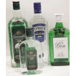 Four mixed bottles mixed gin Plymouth, Greenalls etc. P&P Group 3 (£25+VAT for the first lot and £