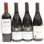 Four bottles of mixed red wines: 2 x 2009 Châteauneuf du Pape 75cl, 2006 Barolo 75cl and 2009 May-