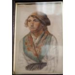 Watercolour portrait of a woman wearing a scarf signed H Powell, 53 x 38 cm. P&P Group 3, will be